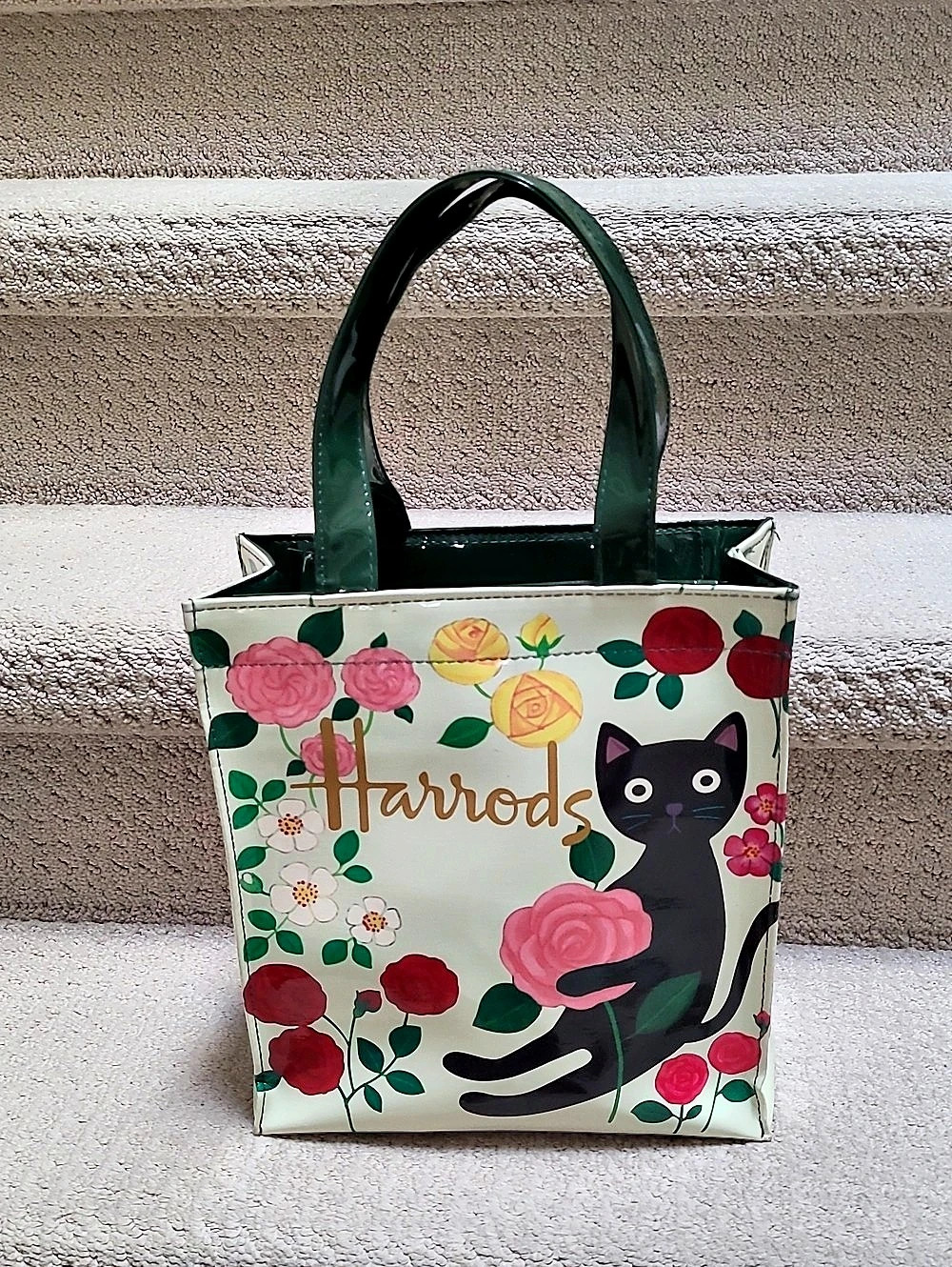 GUC - Harrods Cat and Floral PVC Small Tote Bag in Green & White